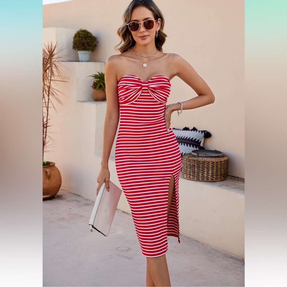 Red Striped Strapless Dress
